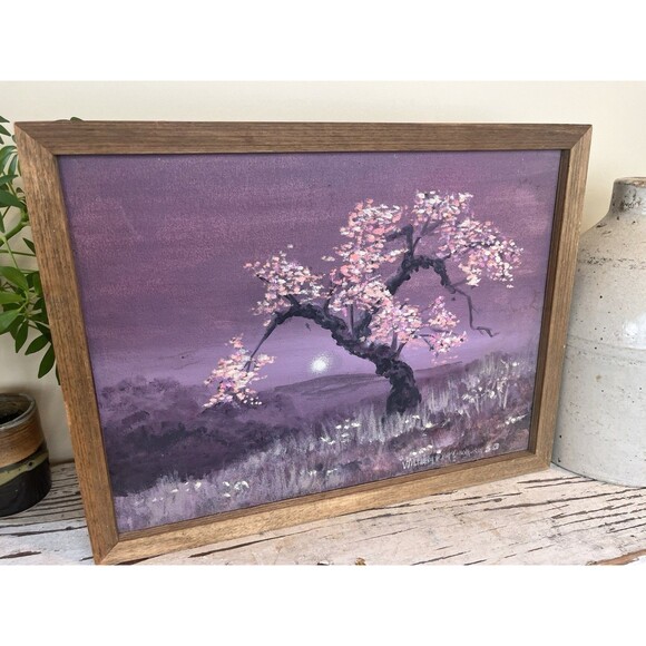Vintage Signed Framed Oil Painting Cherry Blossom Tree At Dusk W/Moon Is Rising - Picture 3 of 9